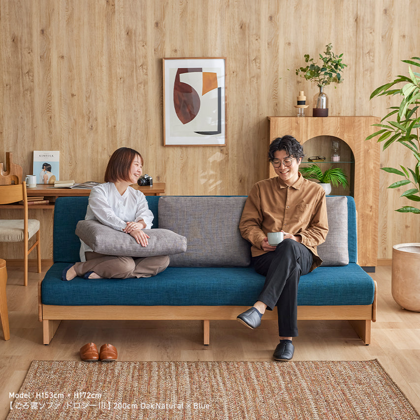Meuble 大川家具　3人掛け　ゴロ寝ソファソファーベッド　グレーネイビー Dorothy III オークナチュラル×ブルー｜ごろ寝ソファ・ソファベッド